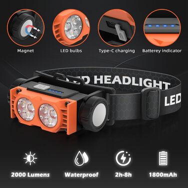 LED налобний ліхтар, 2 шт., 2000 люменів, перезаряджається, 3 режими, водонепроникний, для риболовлі, бігу, кемпінгу (Помаранчевий)