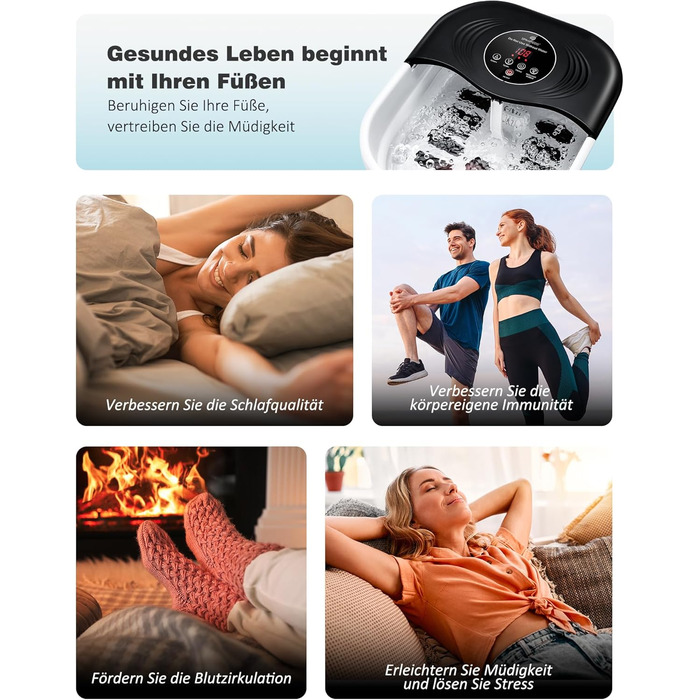 Ванночка для ніг з масажем та підігрівом – складана ванночка для ніг з бульбашками та пемзою, масажер для ніг з водою та 8 роликів – ідеальний подарунок (Чорний)