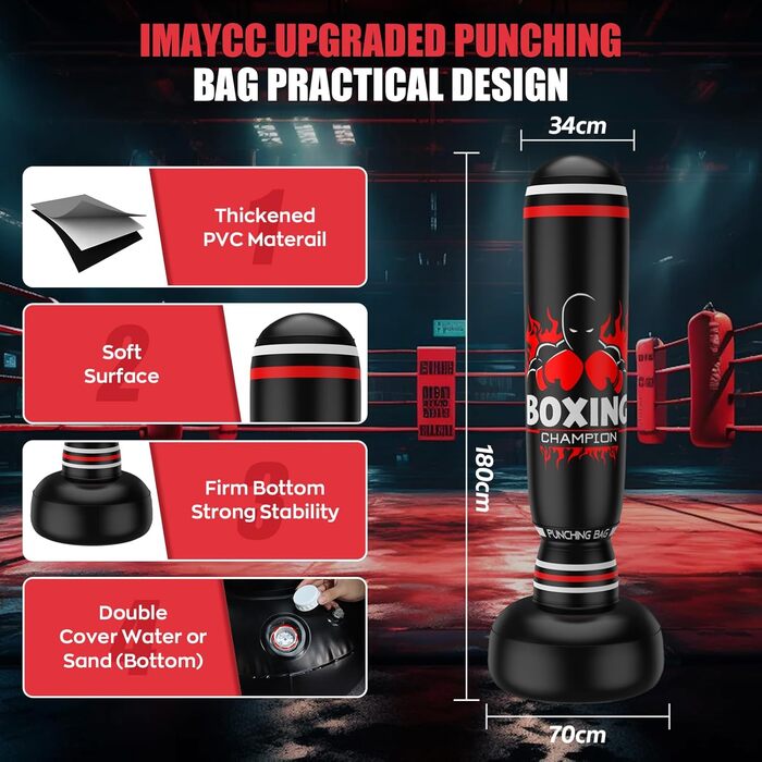 Боксерський мішок IMAYCC стоячий для дорослих та дітей з боксерськими рукавичками, посилений, 180 см, високоякісний PVC, для Муай Тай, Таеквондо, MMA, бокс, тренування, фітнес, червоно-чорний