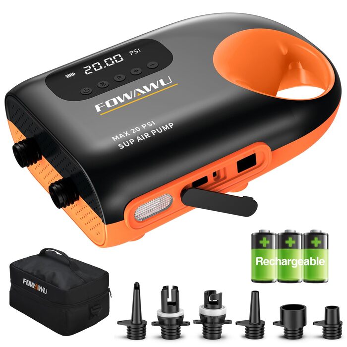Електричний акумуляторний насос FOWAWU для SUP-дошки, каяка та човнів, 20 PSI, 12V DC, з функцією автостопу, 3*7800mAh