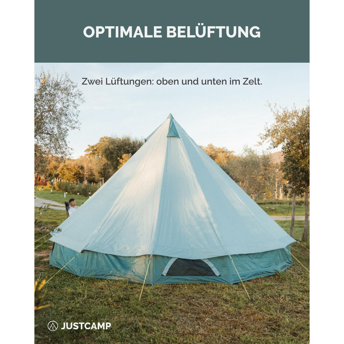 Намет JUSTCAMP Bell Tipi для сім'ї та групи (4-12 осіб) - водонепроникний (3000 мм), з висотою у стоячи положення, 2 кольори (сірий, м'ятний)