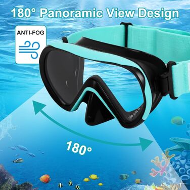 Дитяча маска для снорклінгу Kinder з трубкою, 180° панорама, анти-запітніння, блакитна (4-16 років)