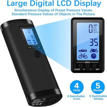 Електрична акумуляторна повітряна помпа VEEAPE 10.3 Бар, 150 PSI з LCD-дисплеєм і LED-підсвіткою для авто, велосипедів, мотоциклів, баскетбольних і футбольних м'ячів