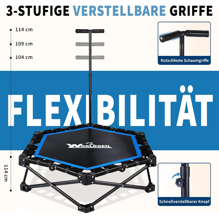 Складаний фітнес-батут для дому з регульованою ручкою, Ø 86.5 см, навантаження до 150 кг, синій — для дорослих та дітей