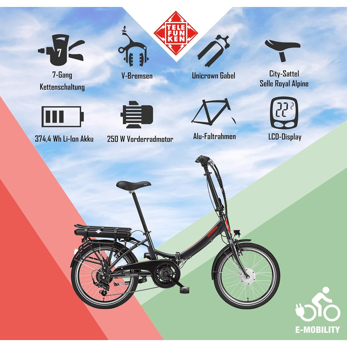 Електровелосипед складаний TELEFUNKEN, алюмінієвий, 250 Вт, Shimano, 36V акумулятор, LED-дисплей, 20 дюймів