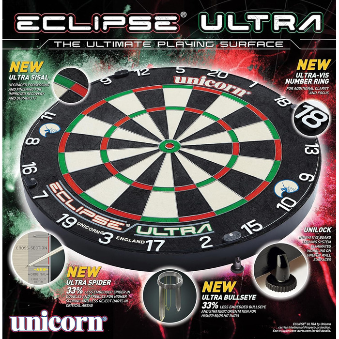 Професійна дротикова дошка Unicorn Eclipse Ultra з щетини, чорна, стандартний розмір