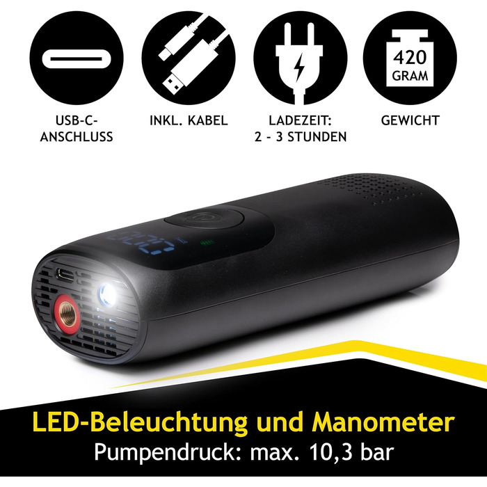 Електричний компресор Dunlop 150PSI, USB-C, велосипедний насос для всіх вентилів, насос для м'ячів, 10 Бар з манометром, пластиковий, чорний