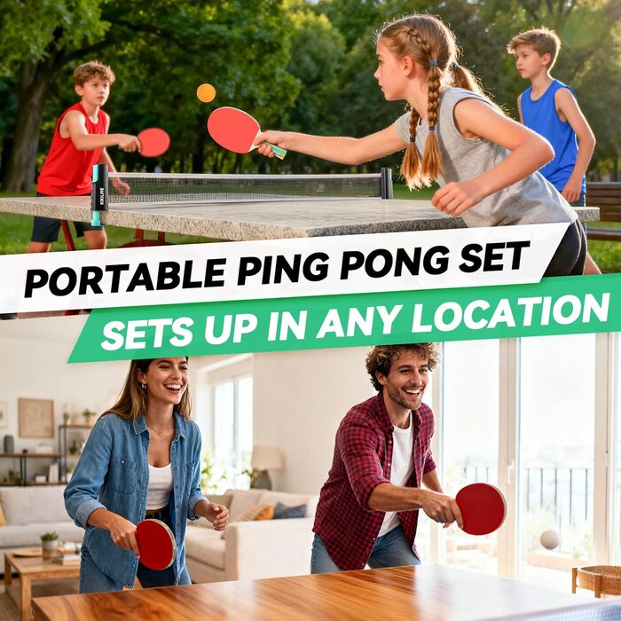 Набір для настільного тенісу з висувною сіткою, 2 ракетки, 6 м'ячів та сумка – портативний набір для гри в приміщенні та на вулиці, ідеальний для сім'ї, відпочинку та тренувань. Кольори: синій+зелений (чорний+червоний)