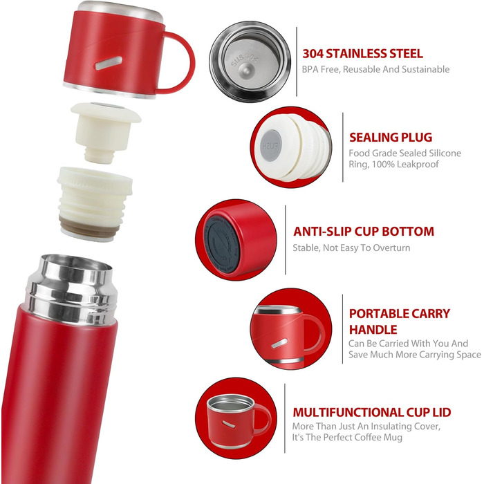 Термос IAGORYUE з нержавіючої сталі, 0.55л, з ізоляцією та виливним кришкою, подвійні стінки, зберігає тепло/холод до 12 годин, для спорту, офісу, відпочинку на природі (червоний)