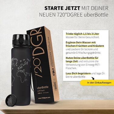 Пляшка для води 720°DGREE uberBottle 1л з ситечком, тритановий, герметичний, легкий, BPA-free, для спорту, фітнесу, велосипеда, університету, чорний Onyx Black, Softtouch