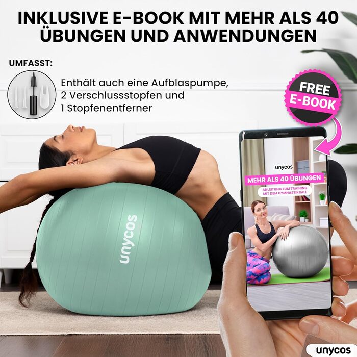 Фітбол Unycos 55/65/75 см для фітнесу, йоги, пілатесу та балансу | З насосом, BPA-Free, антивибуховий | Зелений #10