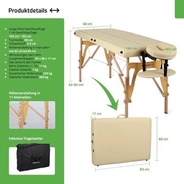 Масажний стіл HABYS Sofia Light Massageliege: складаний, дерев'яний, 2 зони, 185x60x85 см, до 250 кг, з підлокітниками та підголовником, сумка, сертифікат MDR, бежевий