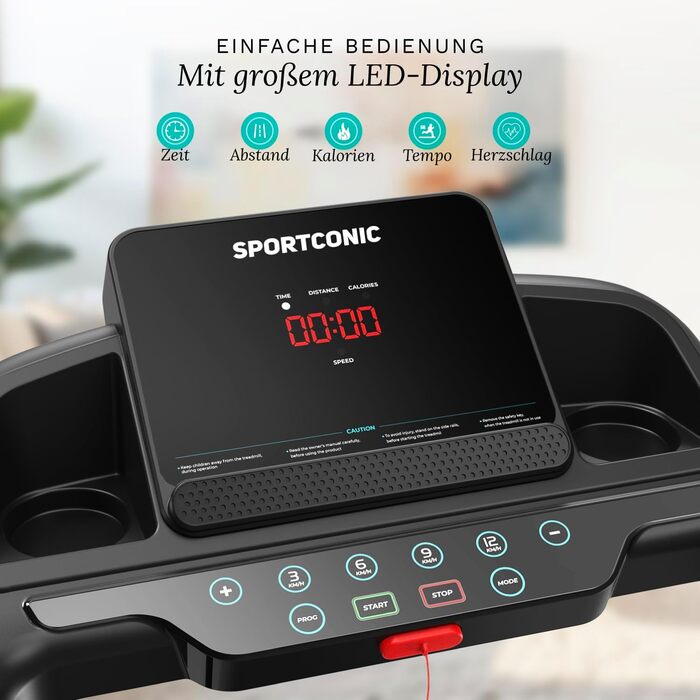 Бігова доріжка Sportconic для дому, складний, 1-12 км/год, з нахилом, LED-дисплей, вимірювання пульсу