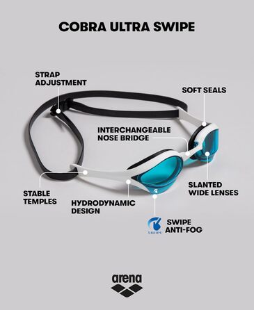Окуляри для плавання Arena Cobra Ultra Swipe Mirror з дзеркальними лінзами, антифог, UV-захист, для дорослих, 5 змінних перенісся