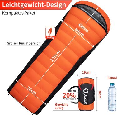 Сплячий мішок пуховий зимовий, 600FP+ Premium, 12°C -24°C, 3-4 сезони, для кемпінгу, трекінгу, походів, оранжевий