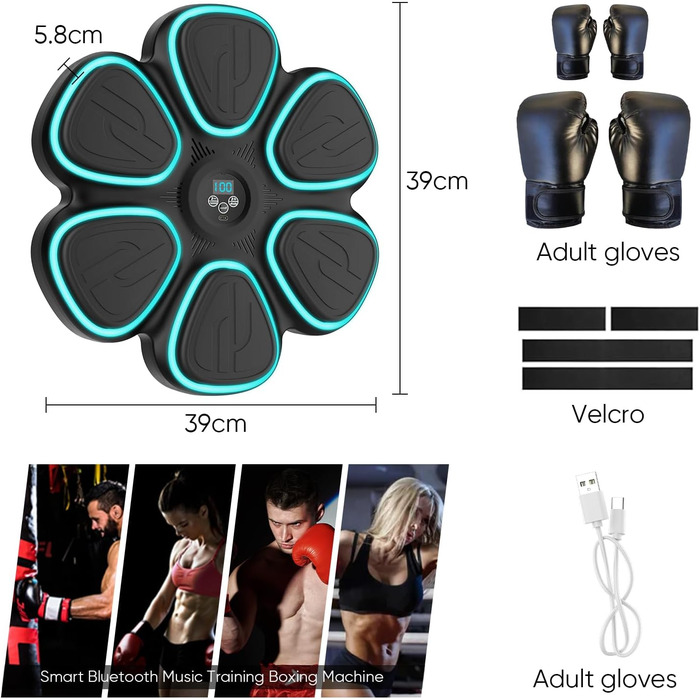 Музична боксерська машина Doramier з Bluetooth, LED-підсвічуванням та 2 парами рукавичок. 9 режимів тренування, підрахунок ударів, для дорослих та дітей. Чорний колір