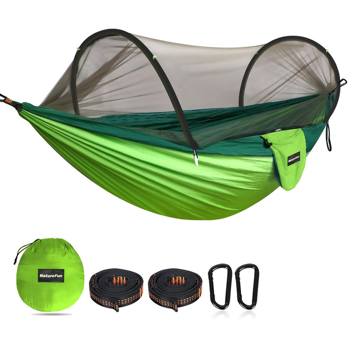 Намет-гамак Naturefun з москітною сіткою, армійний зелений | Макс. 300 кг, дихаючий, швидковисихаючий | 2 карабіни, 2 петлі