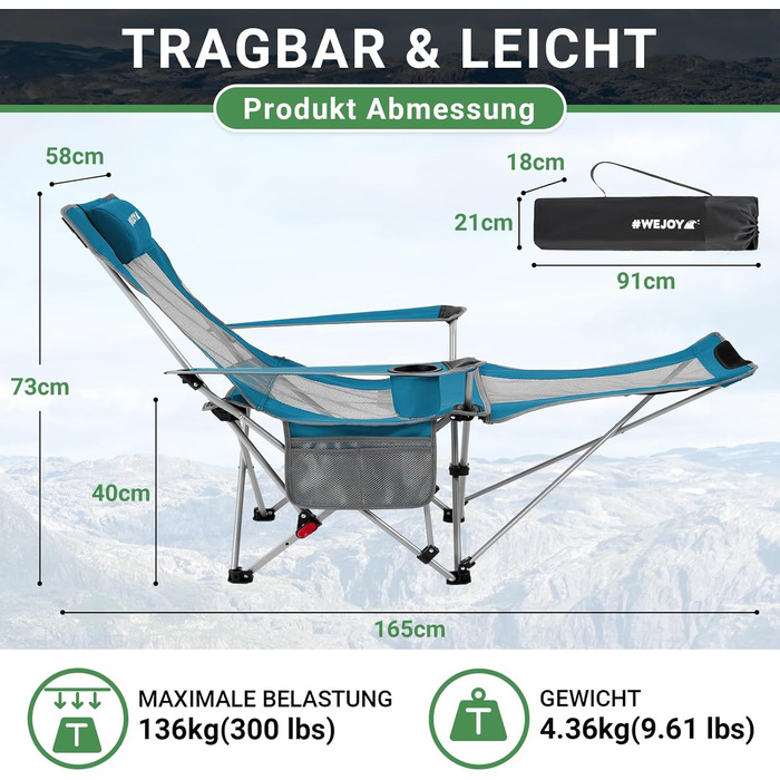 WEJOY Кемпінговий стільчик 2-в-1, складний, з регульованою спинкою та підставкою для ніг, розслаблюючий крісло-лежак з тримачем для напоїв, стільчик для риболовлі на відкритому повітрі, для кемпінгу, сітка, 1 шт., блакитний/сірий