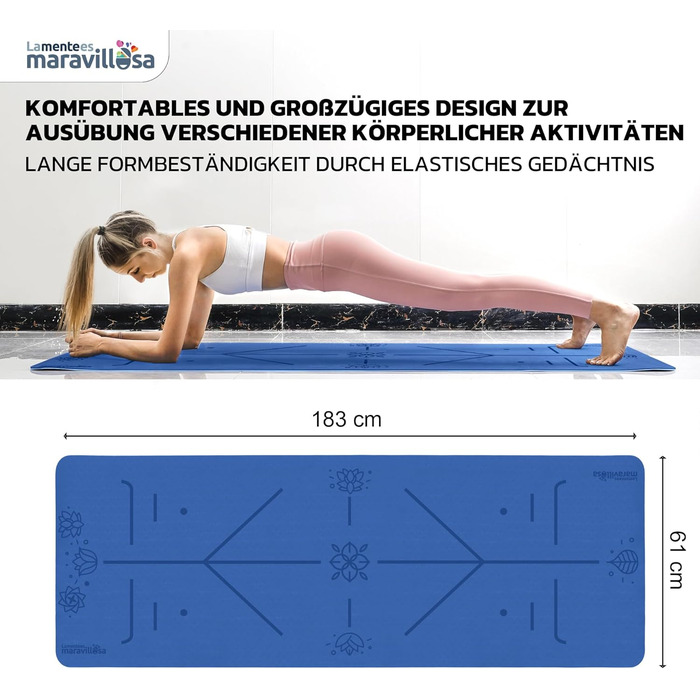 Килимок для гімнастики та йоги LA MENTE ES MARAVILLOSA: антиковзкий, з сумкою та E-book, 183x61 см