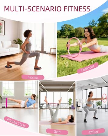 Набір для пілатесу Abahub: кільце 35 см, м'яч 25 см, 5 еластичних стрічок, шкарпетки для йоги, ковзаючі диски. Для жінок, домашні тренування, сила, гнучкість, стабільність та підтяжка тіла. Рожевий