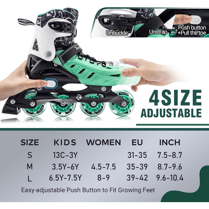 Дитячі ролики Kuxuan з підсвічуванням, регульовані, для дівчаток та хлопчиків, розмір EU 31-35, зелені