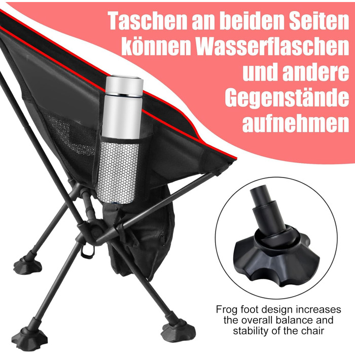 Складний туристичний стул Bindokun 120кг, ультралегкий, компактний, з кишенями та підголівником, для риболовлі та піших прогулянок (червоний)