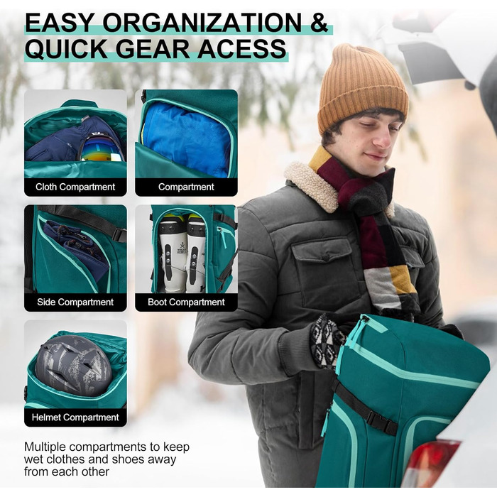 Сумка для лиж Odoland Skitasche Set, водонепроникна, для подорожей, вміщує лижі до 200 см, для чоловіків та жінок (Pfauenblau)