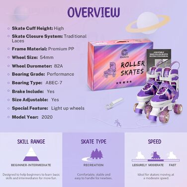 Роликові ковзани Gonex регульовані, світлові, для дівчаток, хлопчиків, дітей та дорослих, A-GALAXIE LILA S, розмір 31-34 (29-32)