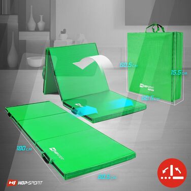Складаний гімнастичний мат Hop-Sport 180x60x5 см з ручками та липучкою, товщина 4/5 см — килимок для фітнесу та домашніх тренувань