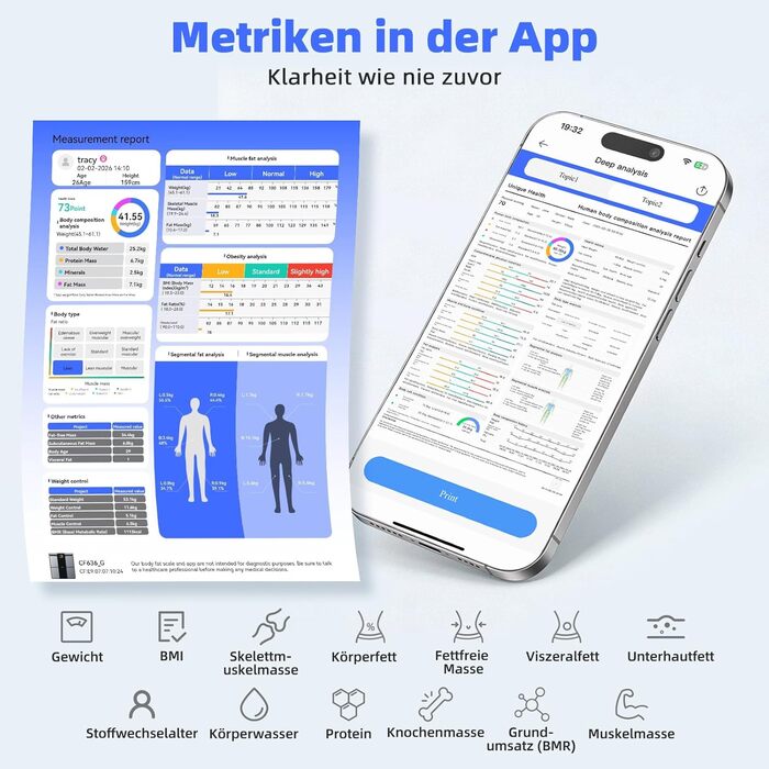 Вага для вимірювання жиру в тілі з 8 електродами, персональна вага з великим дисплеєм, Bluetooth, аналіз складу тіла, 180 кг, BMI, протеїн, BMR
