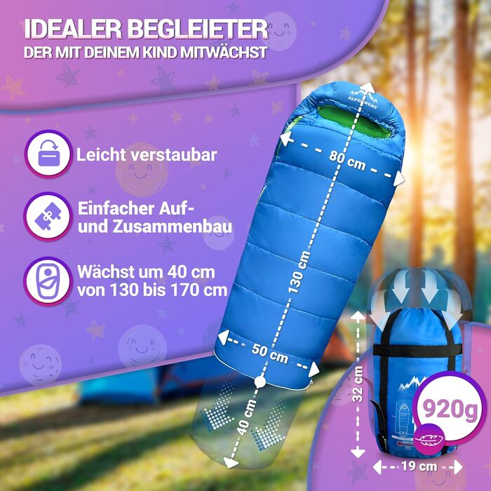 Дитячий спальний мішок Alpenwert® для літа – росте разом з дитиною! [130–170 см] – Вага 920 г, компактний [32×19 см] – Ідеально для кемпінгу, фестивалів, відпочинку на природі – Спальний мішок-кокон від 6 років (блакитний/неоновий жовтий)