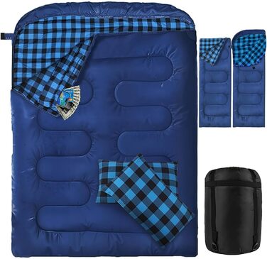 Спальний мішок для двох осіб з флянелі, 220 x 160 см, з двома блискавками, 2 подушки та сумка для перенесення, для дорослих, блакитний