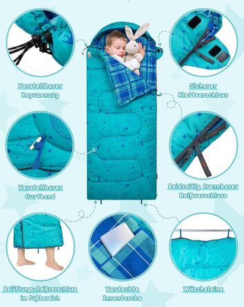 Сплячий мішок KingCamp для дітей, фланелевий, легкий, водонепроникний, компактний, зимовий, 4 сезони, для кемпінгу, підходить для дітей до 140 см, комфортна температура: 7°C, регульована довжина