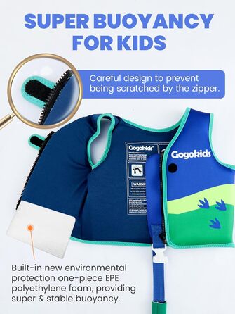 Дитячий жилет для плавання Gogokids 15-30 кг, для навчання плаванню, для малюків, неон, неопрен, регульований, 1-8 років (Зелений динозавр, L (5-8 років))
