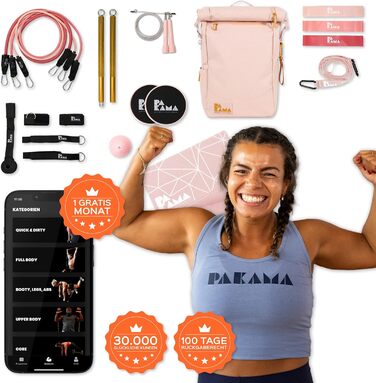 PAKAMA Спортивний рюкзак 2.0, 10 предметів, фітнес-набір XXL для дому та подорожей, набір для тренувань і нарощування м'язів, з додатком, рожевий Paris Pink