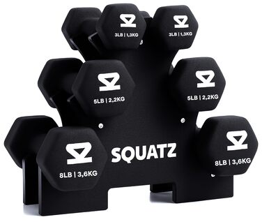 Набір неопренових гантелей SQUATZ з підставкою 14,5 кг, 3 пари курзартів для фітнесу, йоги та пілатесу, протиковзаюче покриття (чорний)