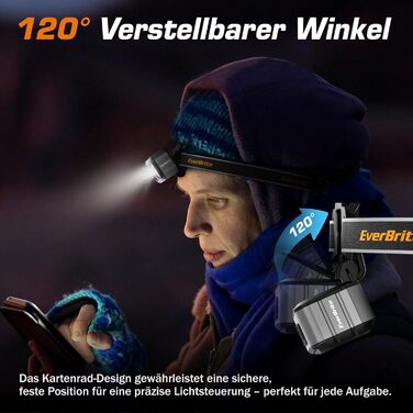 EverBrite LED налобний ліхтар: перезаряджуваний, 45г, IP67, 7 режимів, червоне/зелене світло для бігу, походів, кемпінгу (сірий)