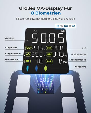 Ваги підлогові цифрові 8-в-1 Bluetooth Personenwaage: аналіз тіла, BMI, відсоток жиру, пульс, iOS/Android, до 180 кг