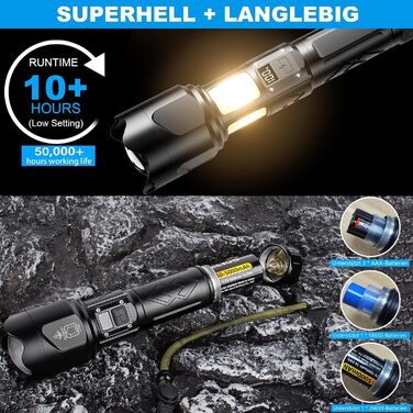 Ліхтар LED KZK 500000 Люмен, надпотужний, з функцією зуму, COB 360° світло, IP67, 7 режимів, для кемпінгу, риболовлі, надзвичайних ситуацій та активного відпочинку на природі