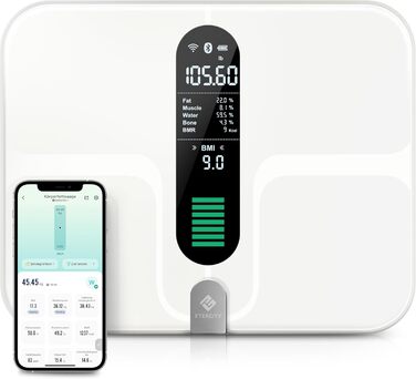 Розумна вага Etekcity з Wi-Fi, для аналізу складу тіла: вимірювання жиру, м'язової маси, 13 показників, USB-зарядка, до 180 кг, велика поверхня, біла