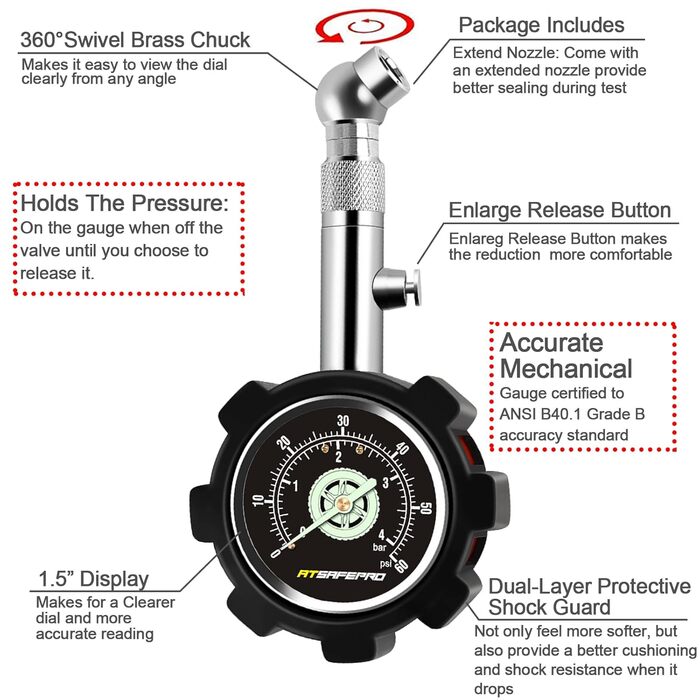 ATsafepro професійний механічний манометр для шин 4 бар 60 PSI, аналоговий тестер тиску шин з підсвічуванням, точний прилад для авто, мотоциклів, SUV