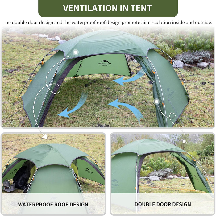 Намет Naturehike Cloud Peak: Ultraleicht 4-сезонний намет для кемпінгу на 2-3 особи, 20D, колір: Waldgrün