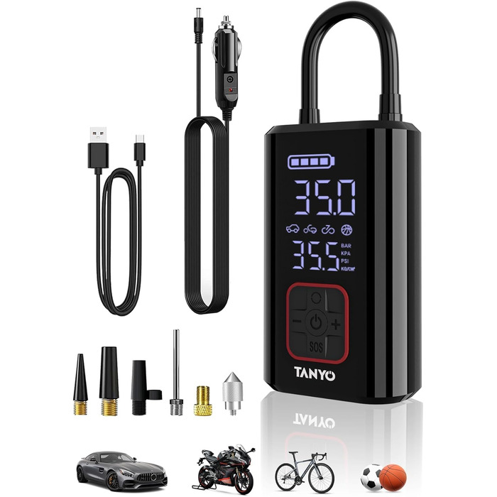 Електричний компресор TANYO 150PSI, акумуляторний насос 12В з цифровим манометром і LED, портативний для авто, мотоцикла, велосипеда, м’ячів