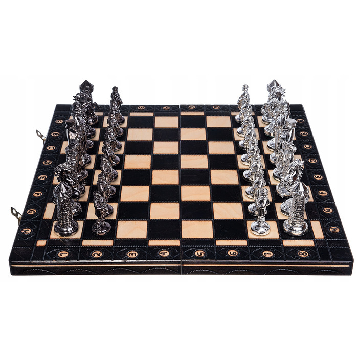 Великі дерев'яні середньовічні шахи, сріблясто-чорні, Chesscheck