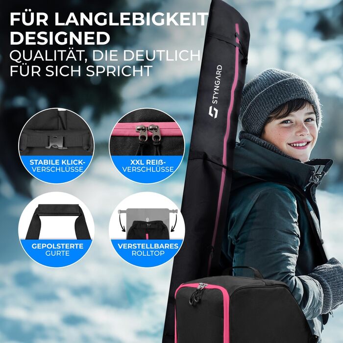Набір STYNGARD для гірськолижного спорядження: сумка для лиж (120-160 см) та сумка для черевиків з відділенням для шолома (40 л), сітка для вентиляції, модель St. Moritz, чорно-рожевий