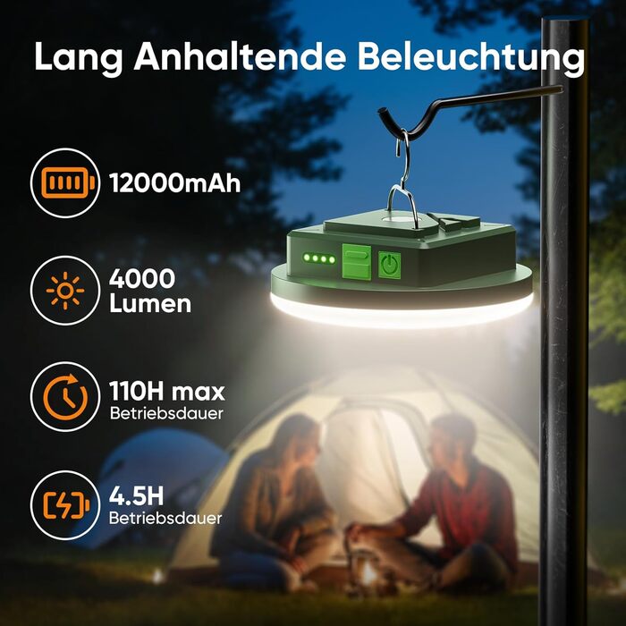 Eventek Кемпінговий ліхтар 12000mAh, 4000LM, LED, 4 режими, магнітний, IPX5, вологостійкий, перезаряджається. Ідеально для кемпінгу, намету, походу, аварійного освітлення. Зручний дизайн-ліхтар.