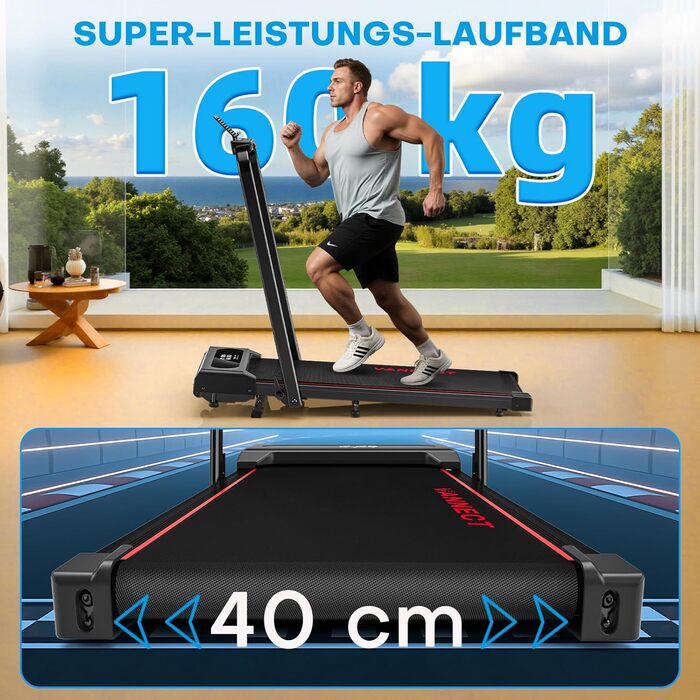 Vannect Walking Pad - складане бігове полотно для дому, 1-12 км/год, нахил 9%, LCD-дисплей, керування з пульта, додатком та ручкою, до 150 кг, чорно-синій