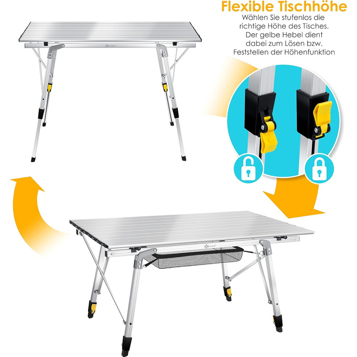 Кемпінговий стіл KESSER® складний, 90x53 см, з алюмінієвим каркасом, регулювання висоти, до 100 кг, з сумкою та сітчастою кишенею, срібний