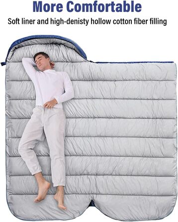 Спальний мішок BISINNA XXL для великих дорослих, 3-4 сезонний, зимовий, теплий, ковдровий, для кемпінгу, великий розмір, синій, ліва блискавка, 2.5 кг