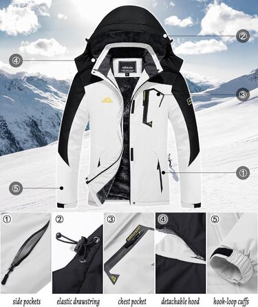 TACVASEN жіноча куртка-перехідник, тепла зимова куртка, куртка для походів, гірськолижна куртка з водонепроникною блискавкою, білий та чорний колір